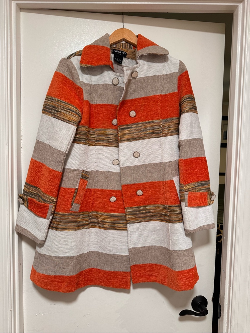 Women’s Striped Pea Coat in Orange, Cream & Tan